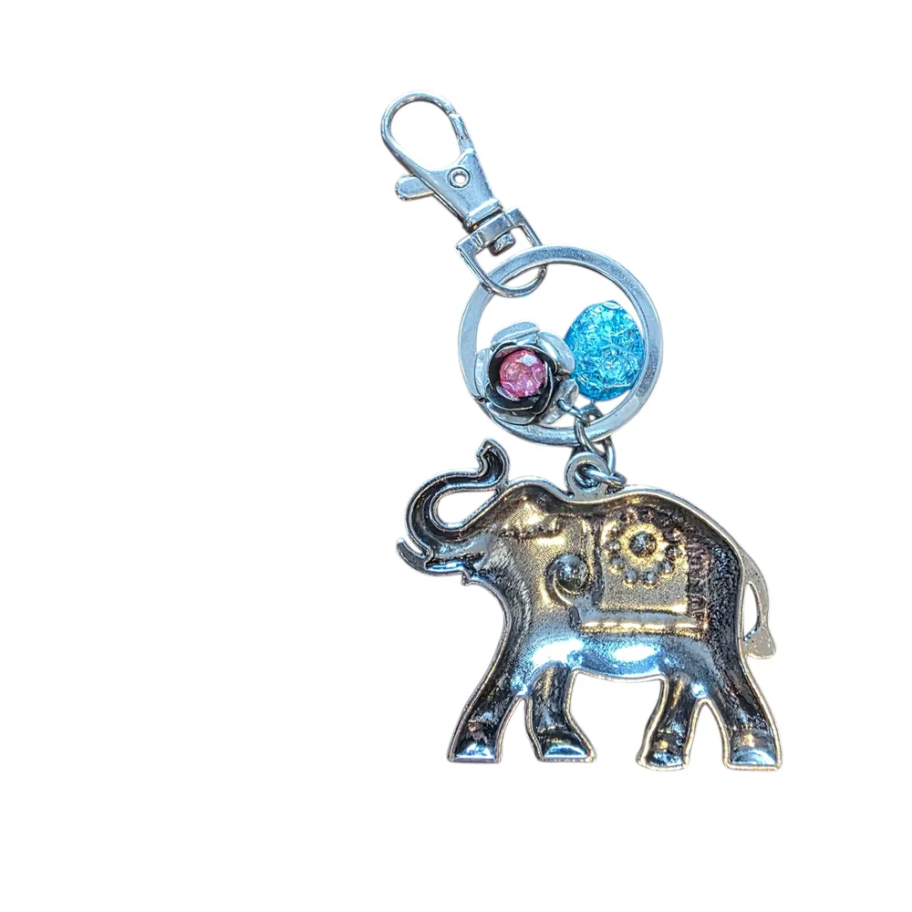 Silver Elephant Keychain with Pink and Blue Accents
