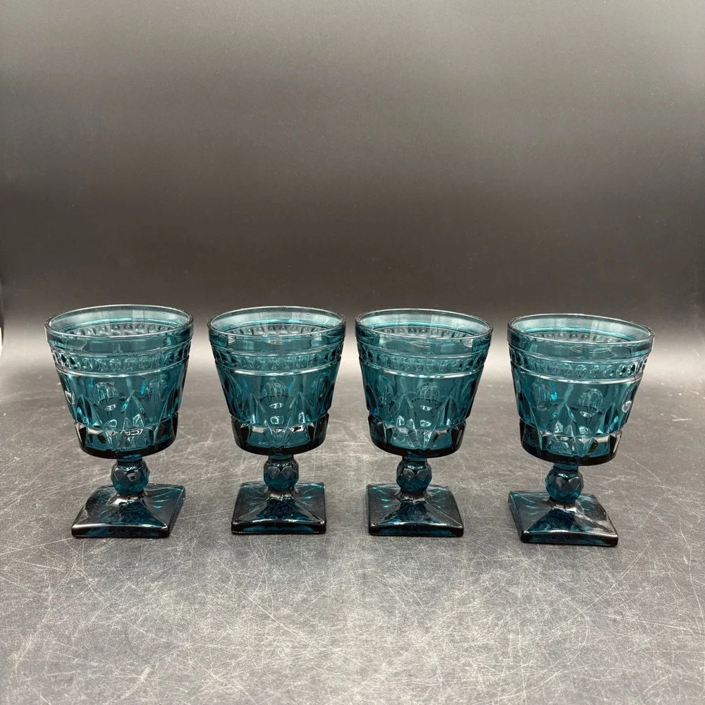 Vtg Indiana Park Lane Teal Blue Glassware 8pc Diamond Starburst Goblets Tumblers