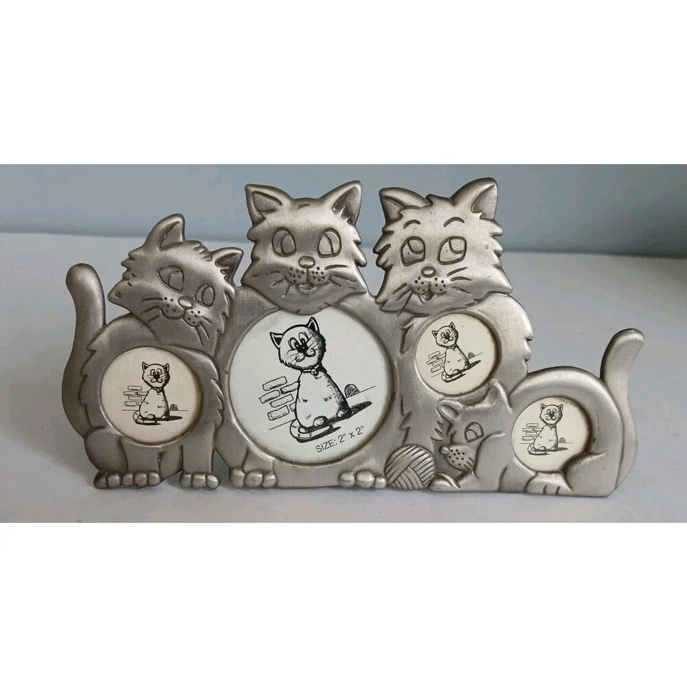 Kitty Cat Kitten Theme Pewter Picture Frame Holds 4 Photos Collage Vintage
