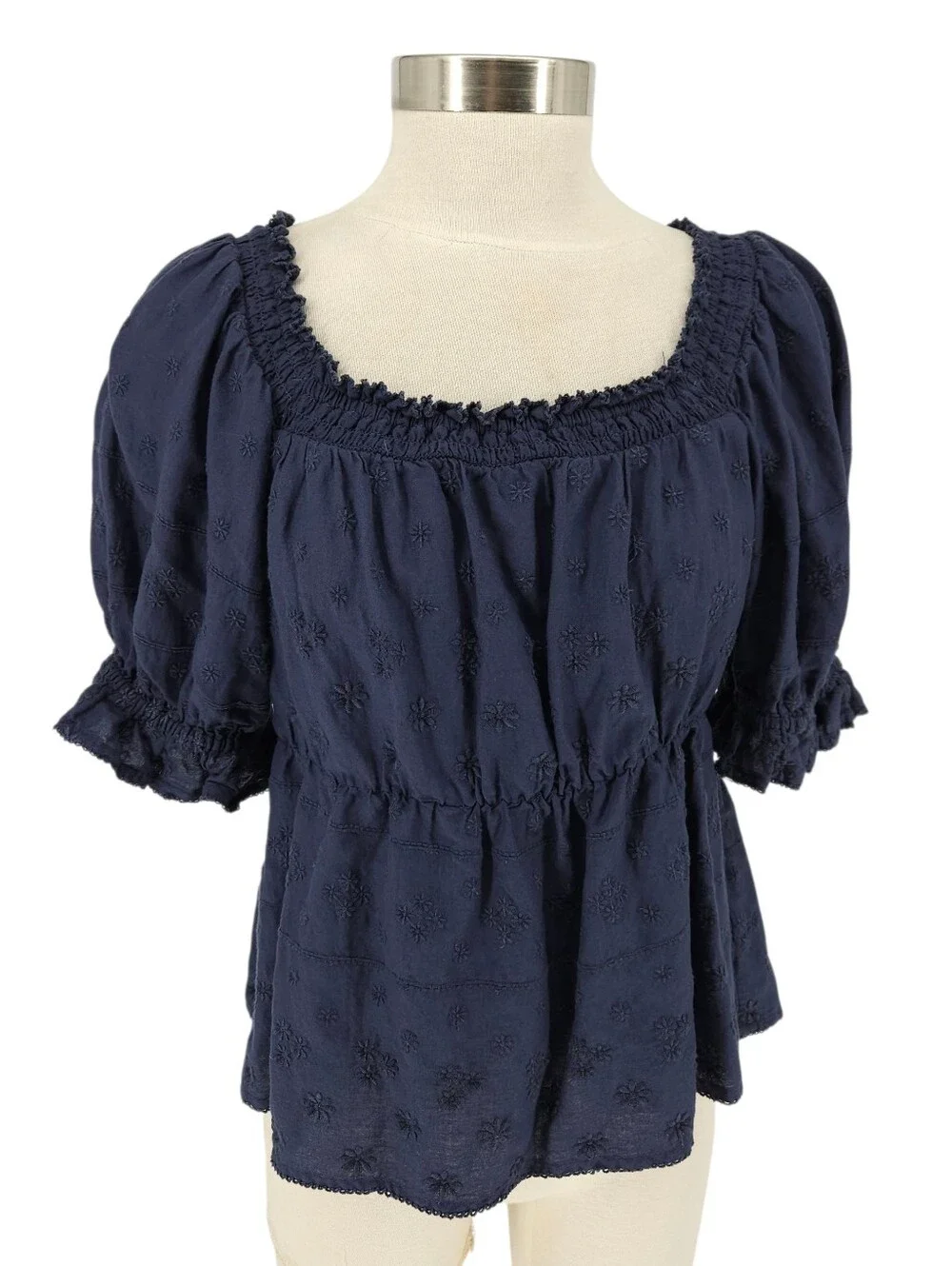 Old Navy Peplum Shirt Blue Floral Embroidered Puff Short Sleeve Smocked Medium