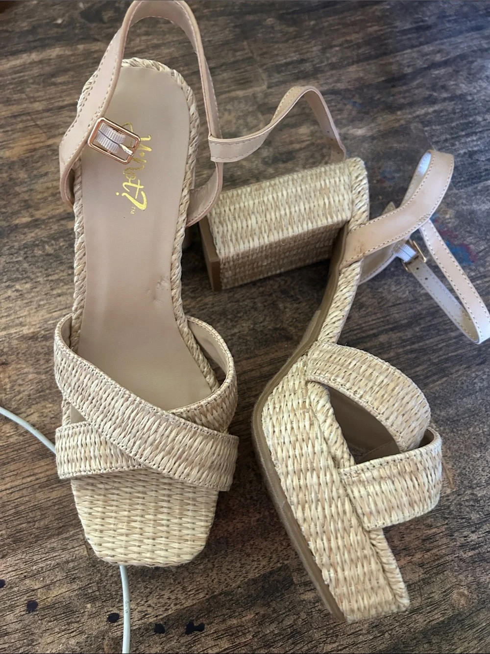 Woven Espadrille Platform Sandals in Beige with Ankle Strap