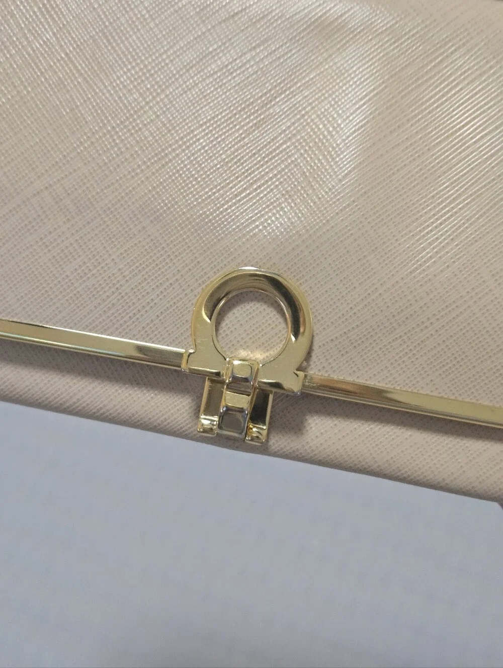 Salvatore Ferragamo Gancini Saffiano Leather Continental Wallet Beige Gold