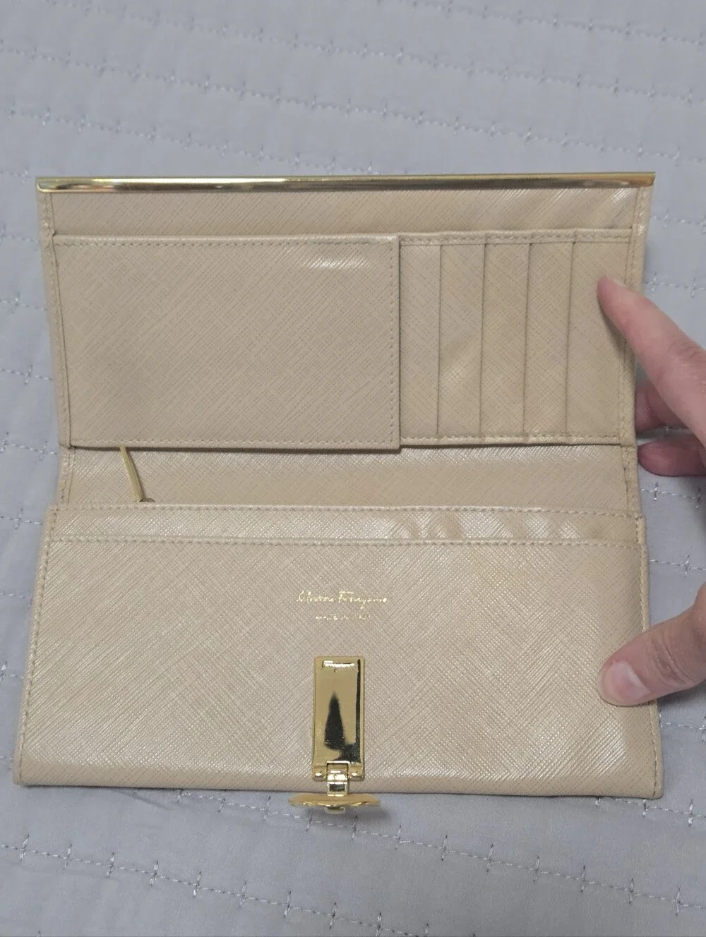 Salvatore Ferragamo Gancini Saffiano Leather Continental Wallet Beige Gold