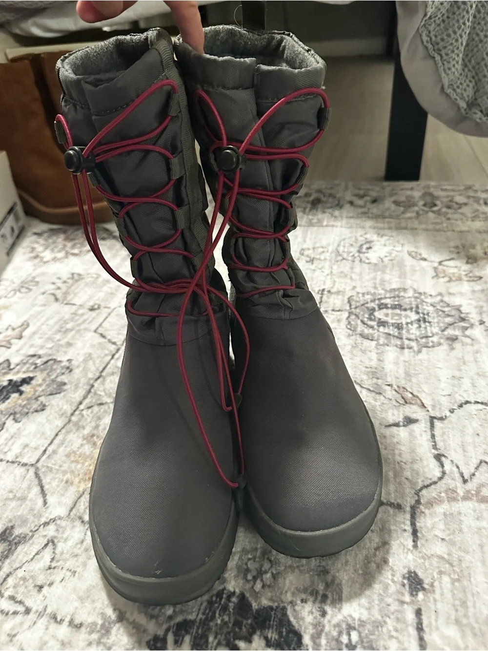 Bogs Gray Winter Boots with Pink Drawcords