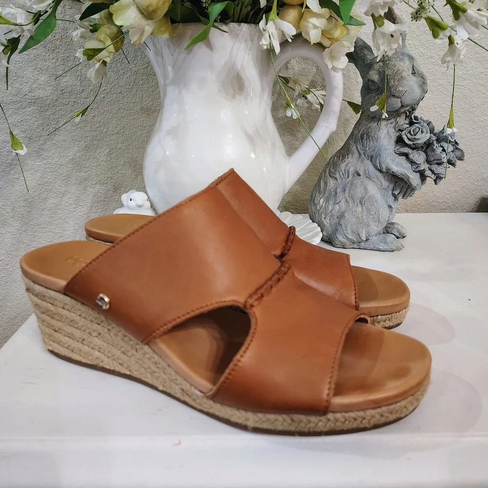 UGG Eirene Espadrille Wedge Sandals Women 10 Brown Leather Jute Boho Chic Resort