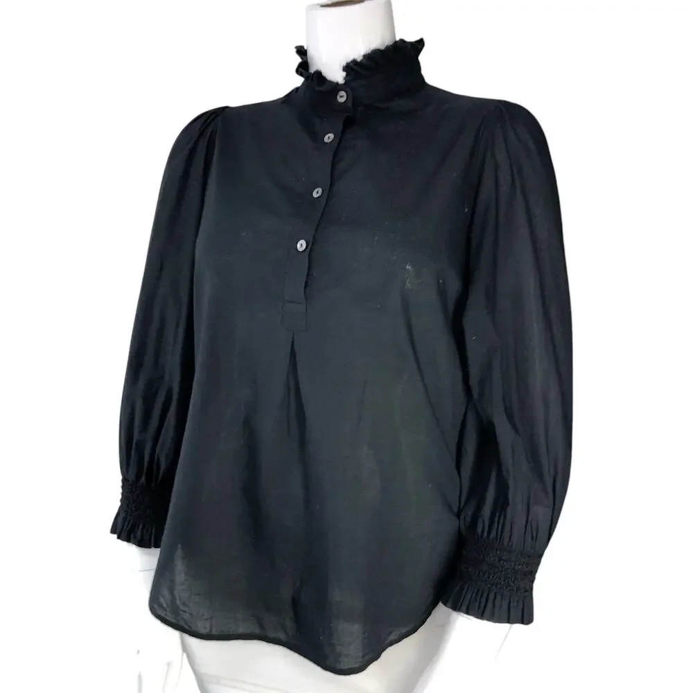 Tuckernuck Blouse Womens L Ruffle High Neck Puff Sleeve Smocked Cuff Black