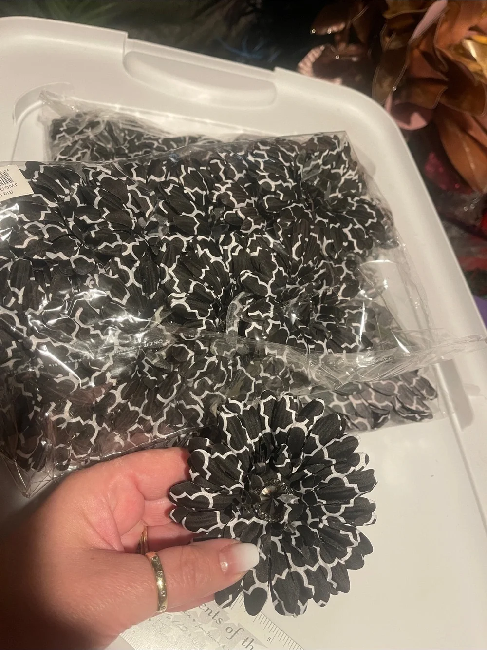 Black & White Floral Fabric Flowers diy 3 dozen large crafts rhinestone Center