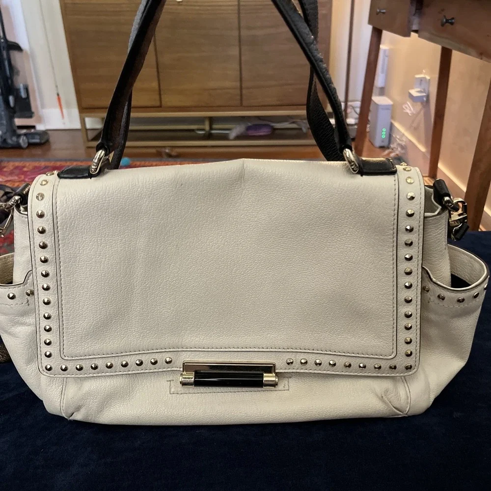 Diane Von Furstenberg DVF White Pebbled Leather Studded Satchel Crossbody Bag