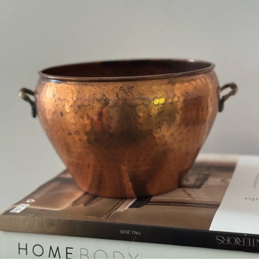Vintage Hosley Copper Container Planter W/ Brass Handles / vase