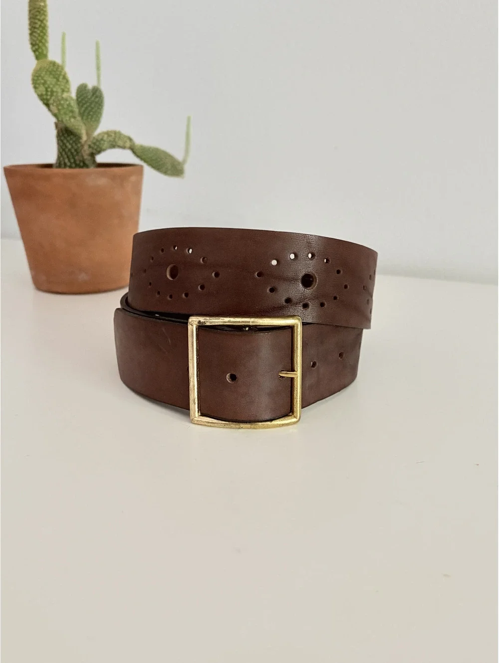 Brown Leather Belt Western Vintage Steerhide Perforated Design Size 34