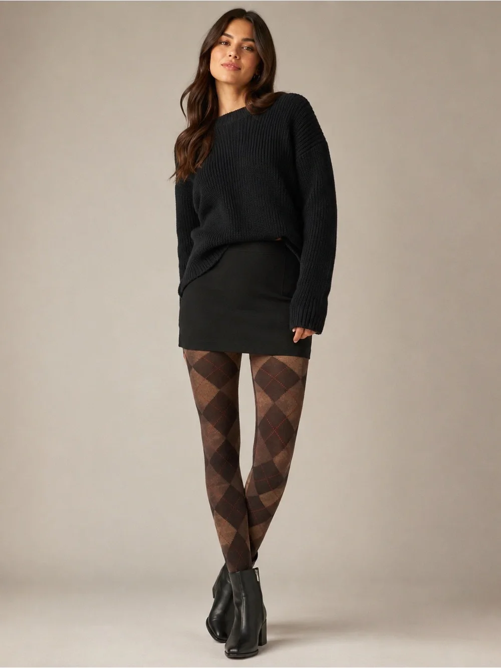 HUE d’Luxe Innsbruck Argyle Opaque Tights Espresso S/M NWT