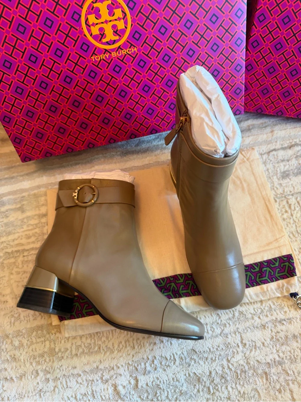 Tory Burch Multi Logo Ankle Booties with Gold Buckle