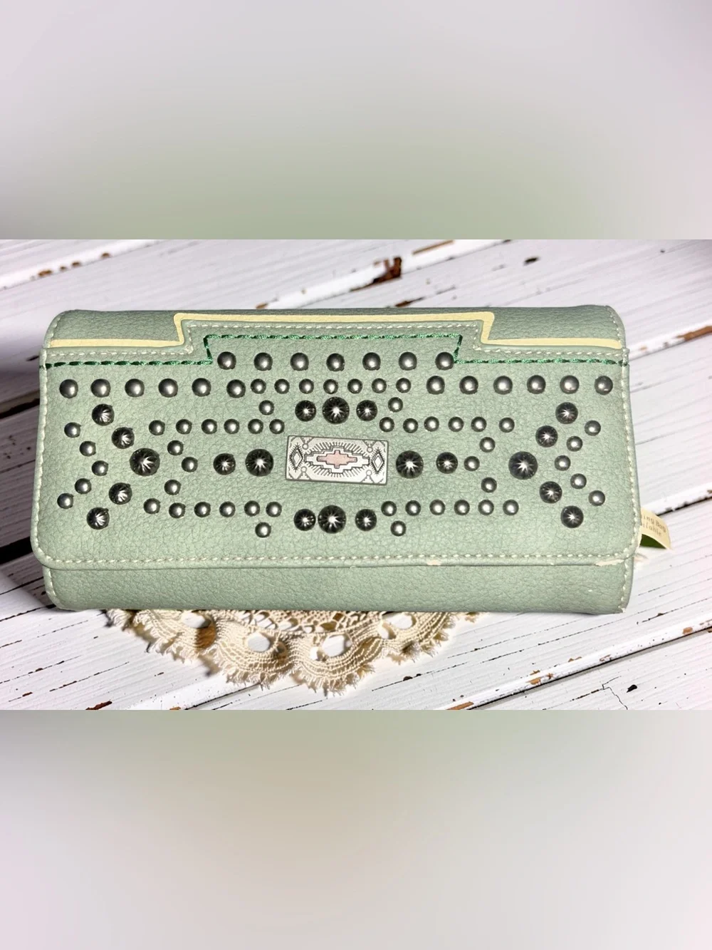 Montana West Green Studded Southwestern Western Black Leather Wallet Brand New