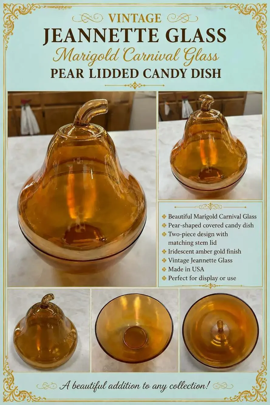 Vintage Jeannette Glass Marigold Carnival Glass Pear Lidded Candy Dish