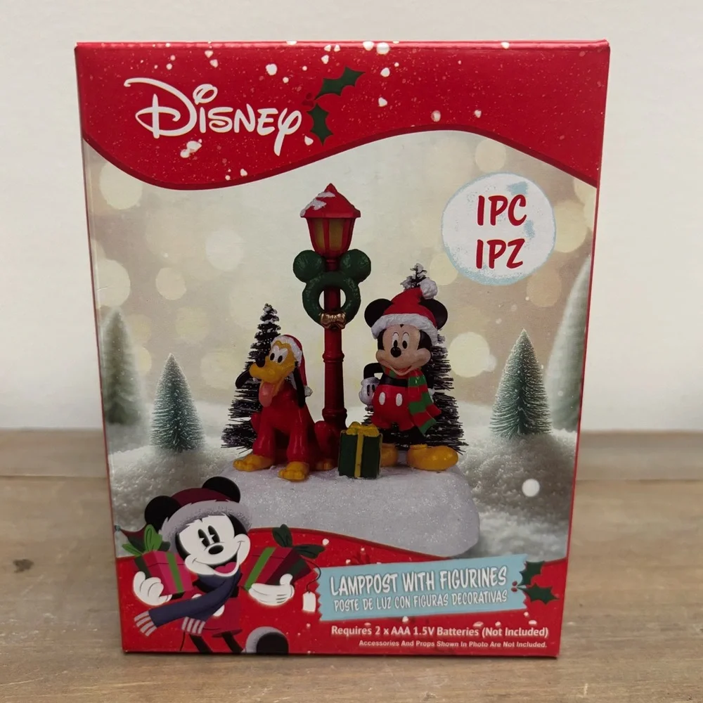 NIB-Disney Mickey Mouse & Pluto Light-up Lamppost Christmas Village Accessory