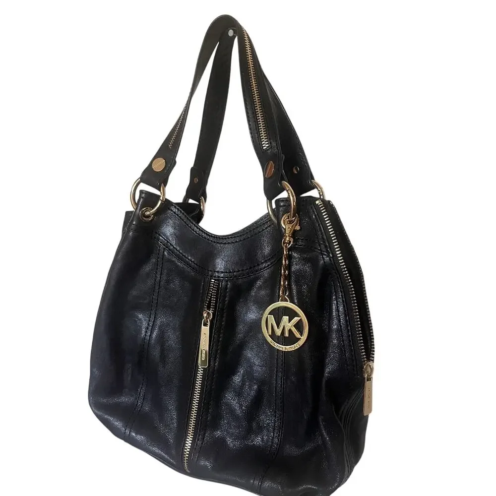Michael Kors Moxley Black Leather Gold Zippers Details Shoulder Bag