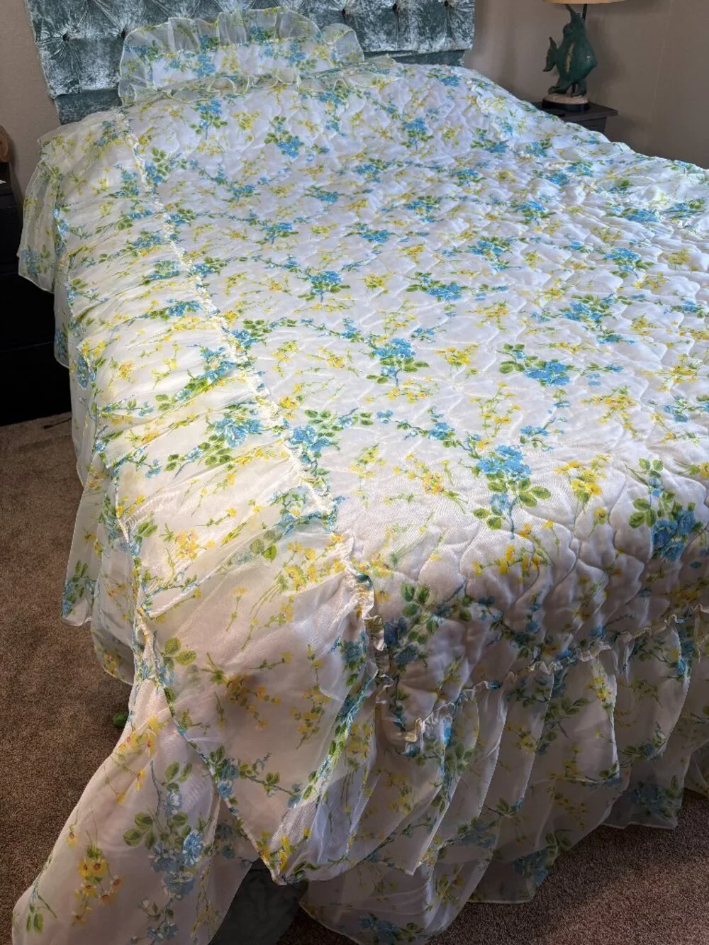 Delicate Vintage Blue & Yellow Floral Ruffled Twin Bedspread & Pillow Sham