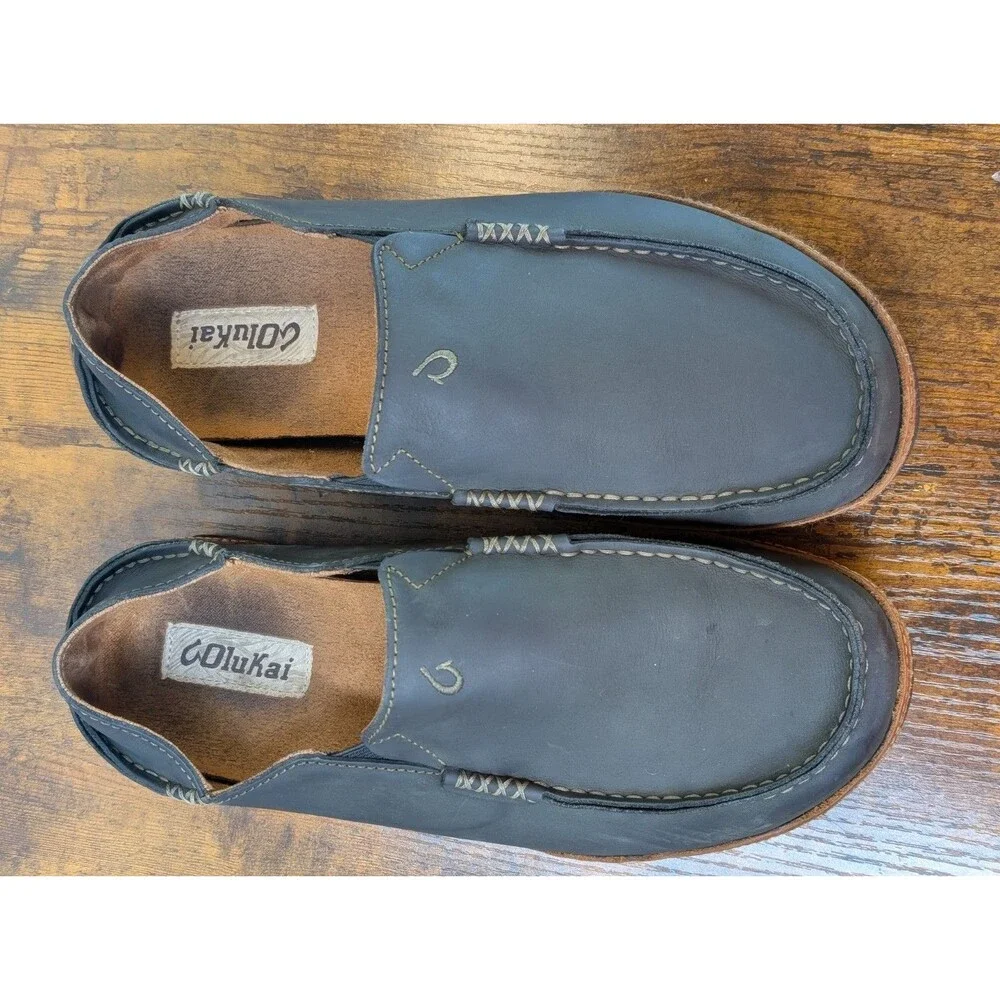 OLUKAI Moloa Men's Leather Nubuck Sz 11 Slip On Shoes 10128-4033 Black