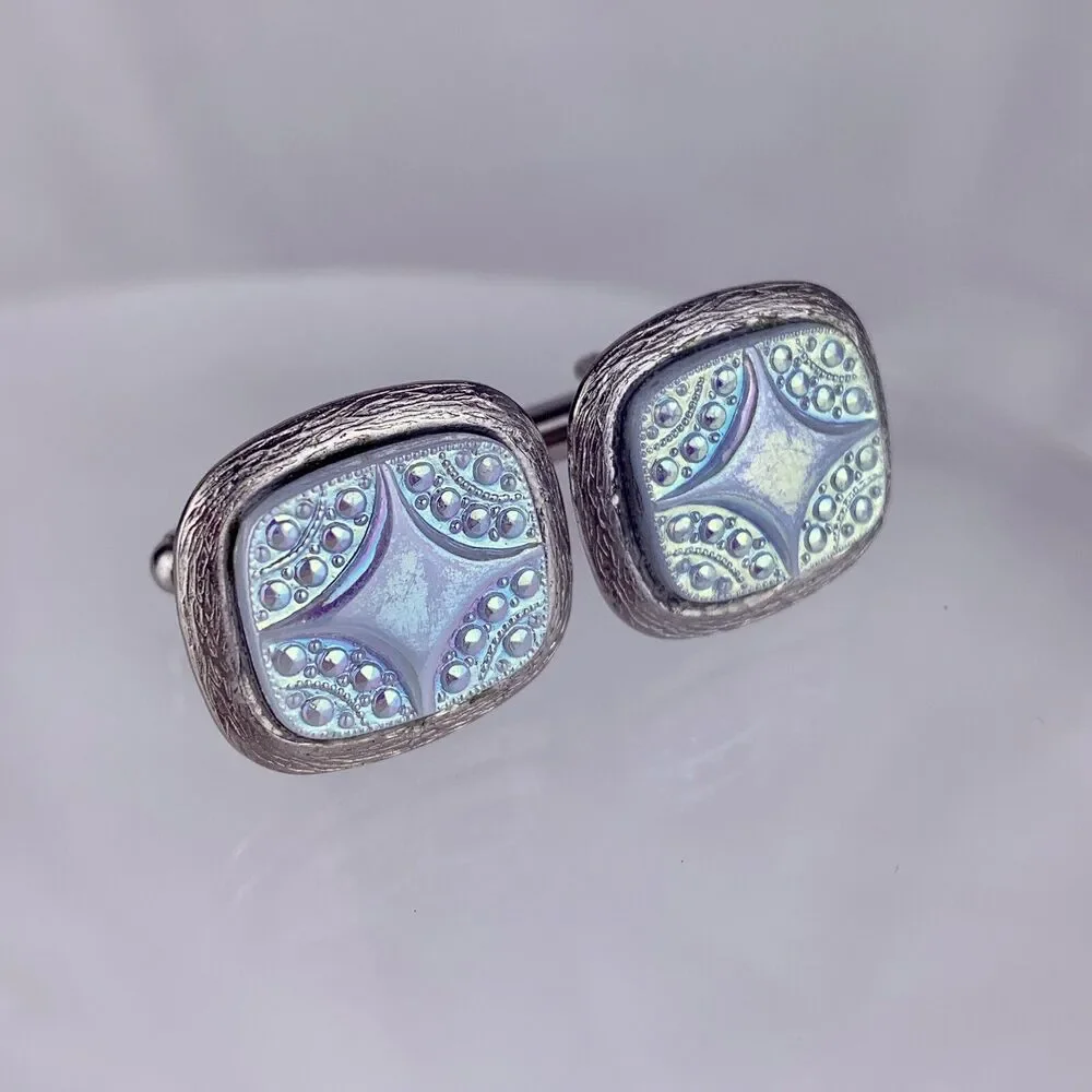 Light Blue Iridescent Lucite Silver Tone Cufflinks Acrylic Diamond Star Vintage