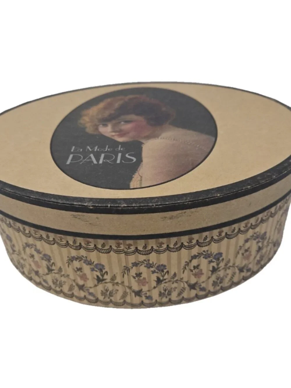 Vintage Lidded Wallpaper Hat Box La Mode de Paris Flapper Girl Millinery Rooms