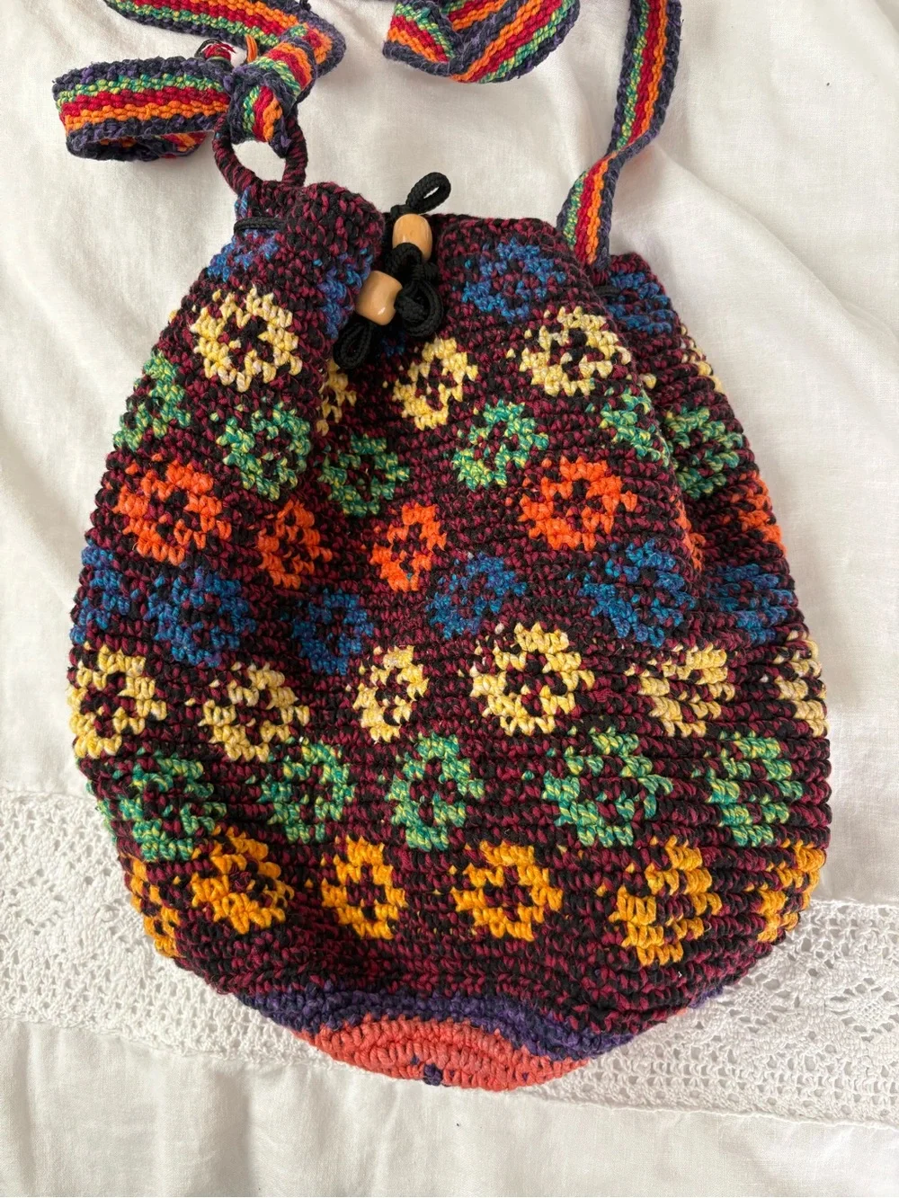 Artisan Made Hippie Boho Knit Crochet Colorful Hobo Bucket Bag