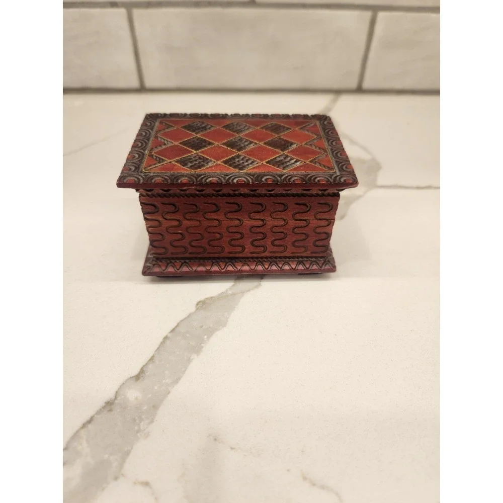 Vintage Wooden Hand Carved Polish Trinket Jewelry Storage Box Made In Poland