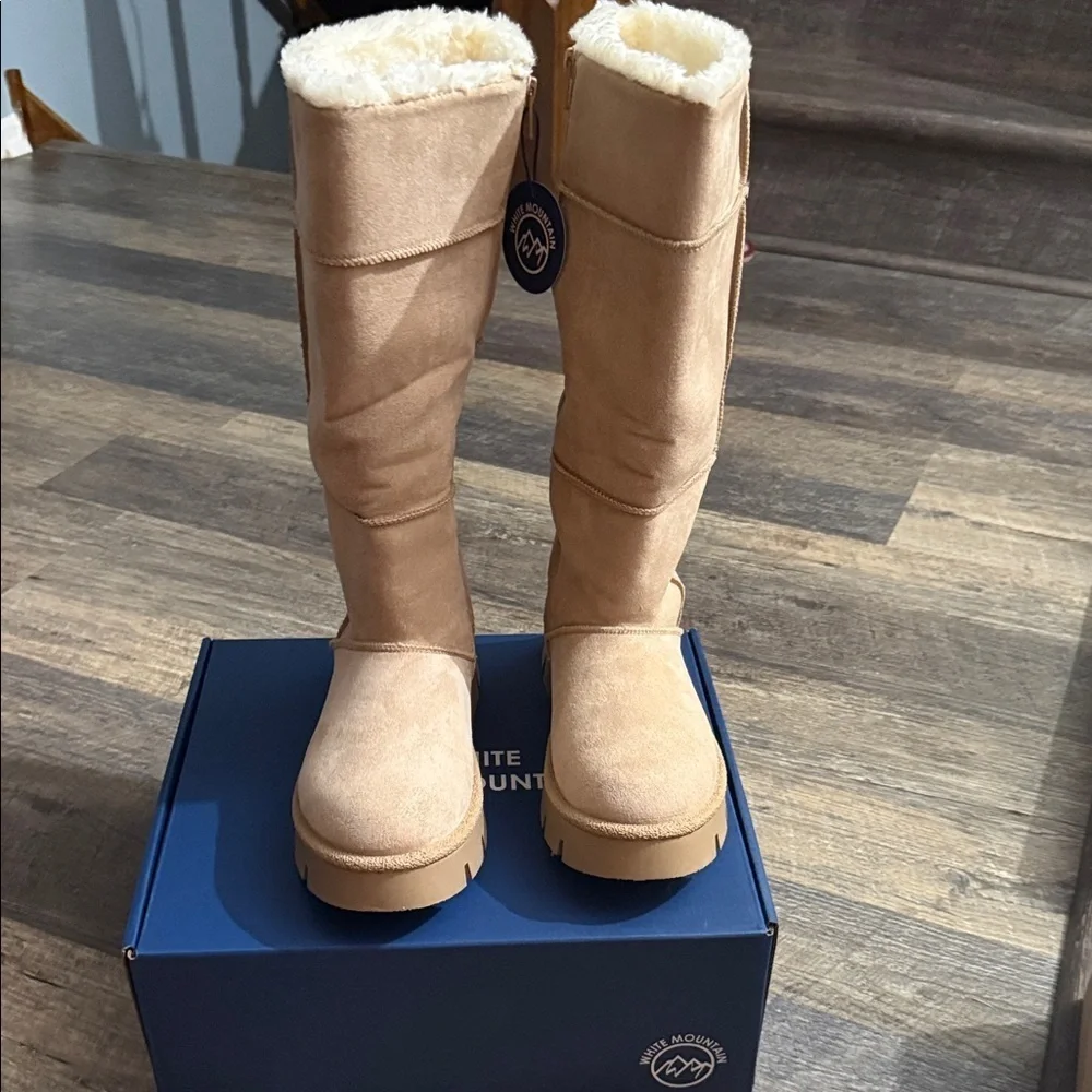 White Mountain Beige Knee-High Boots with Faux Fur