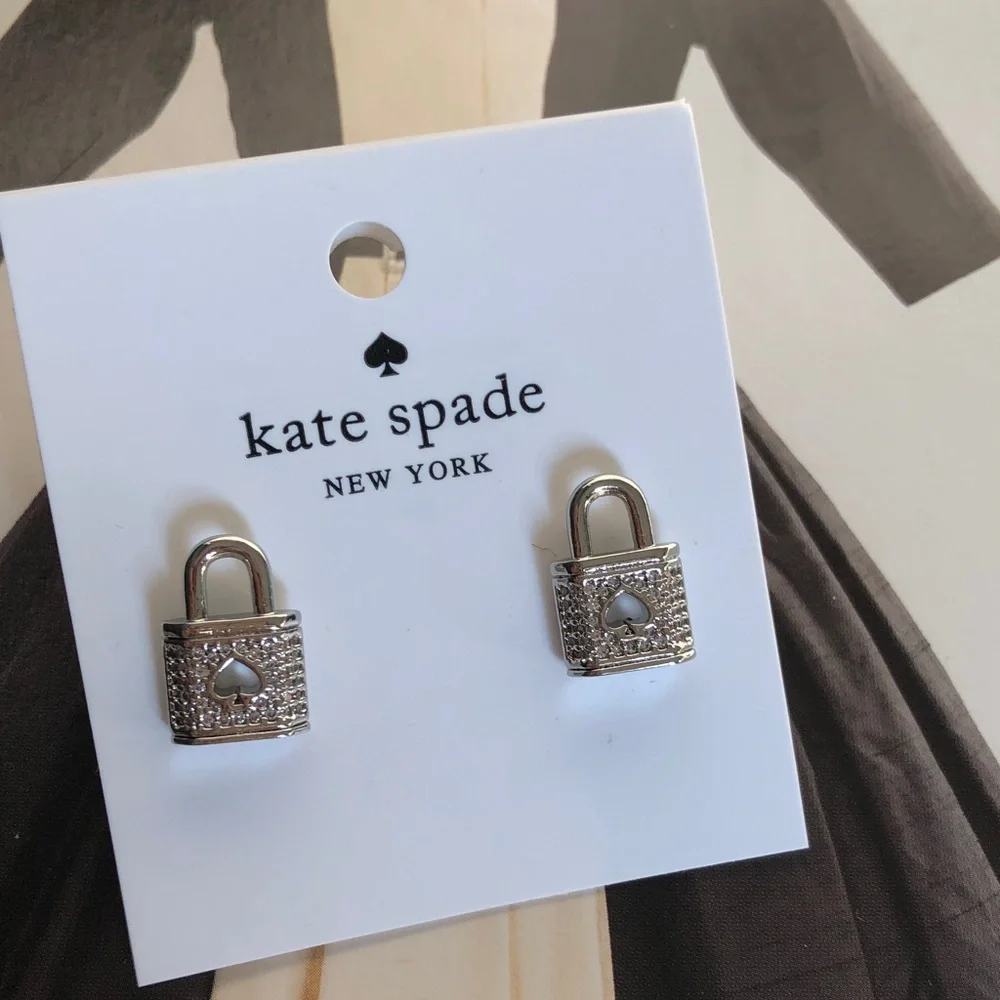 Authentic New on card Kate spade silver crystal lock earrings