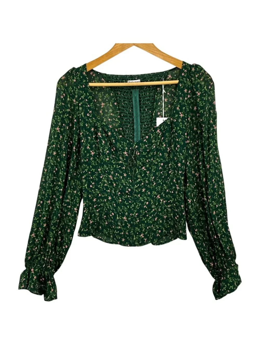 NWT Reformation Chase Top Womens 10 Green Floral Sweetheart Puff Sleeve Blouse