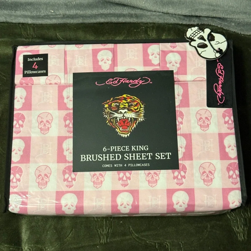 Ed Hardy Sheet Set King Pink New 6-Piece Brushed Skull Checkered Tattoo Print