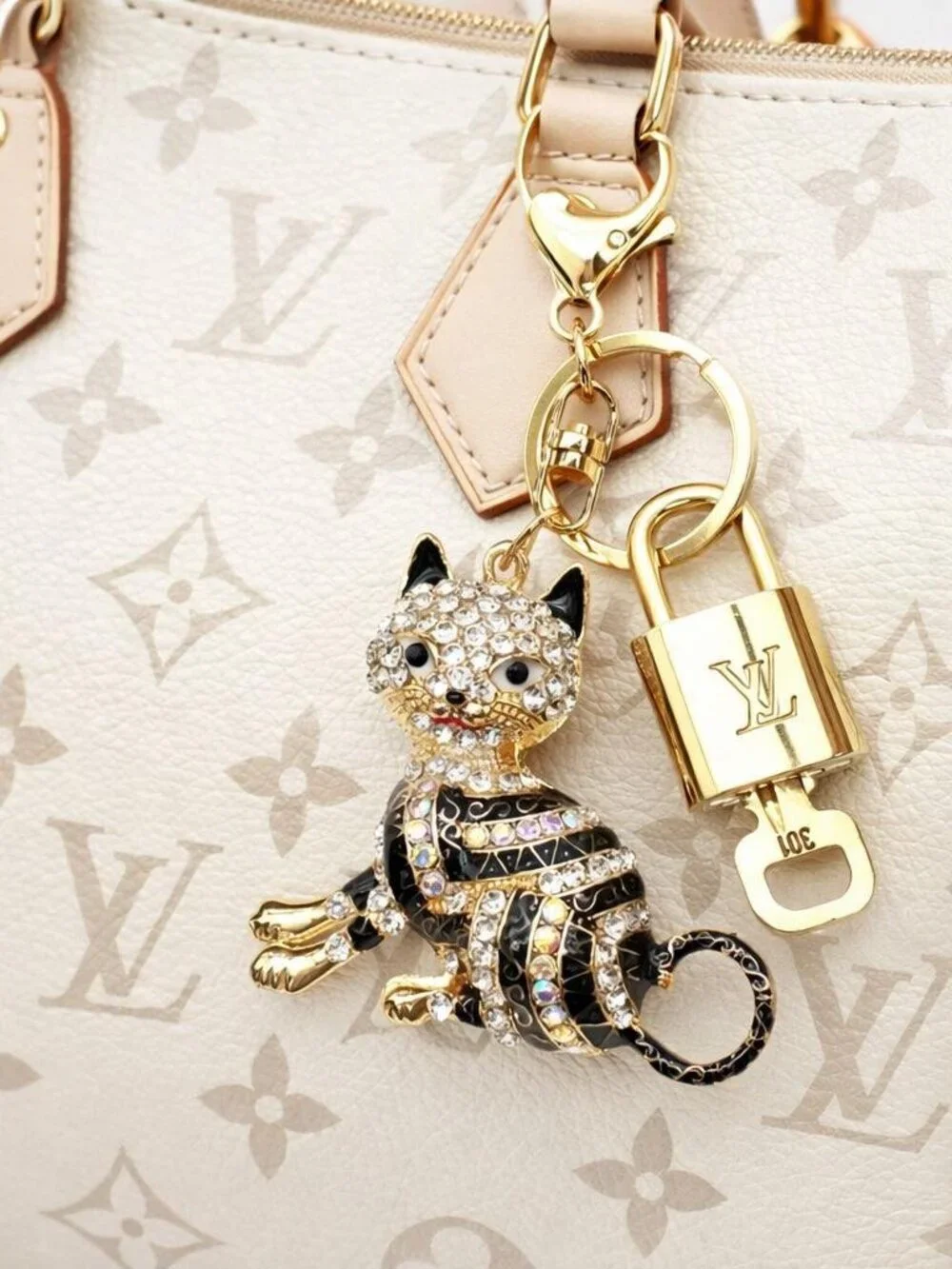 LV Gold Padlock 🔑 Authentic Louis Vuitton Charm + Unbranded Cat Keychain