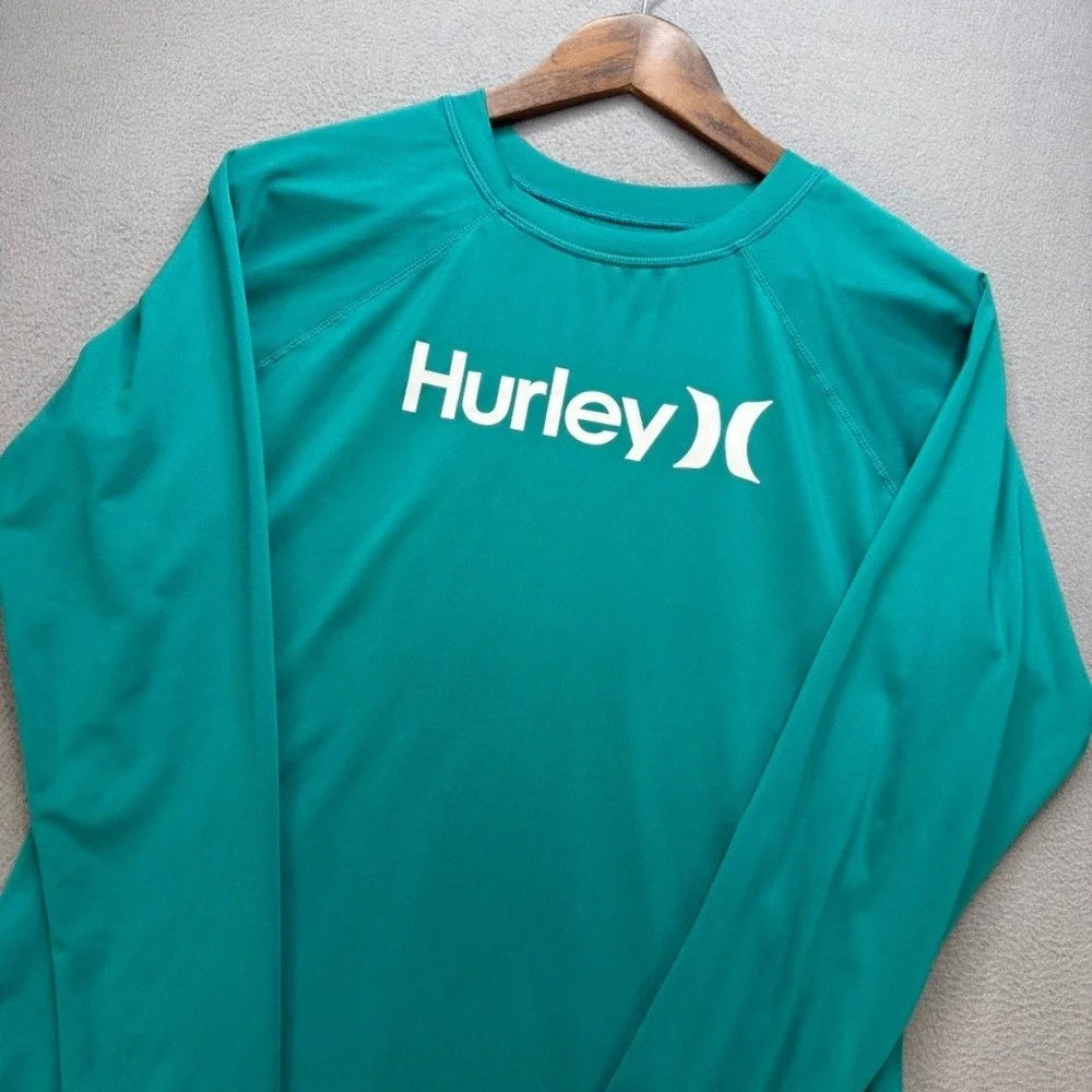 Hurley Logo Long Sleeve Rash Guard Swim Shirt Regular L Teal UPF 50+ Performance