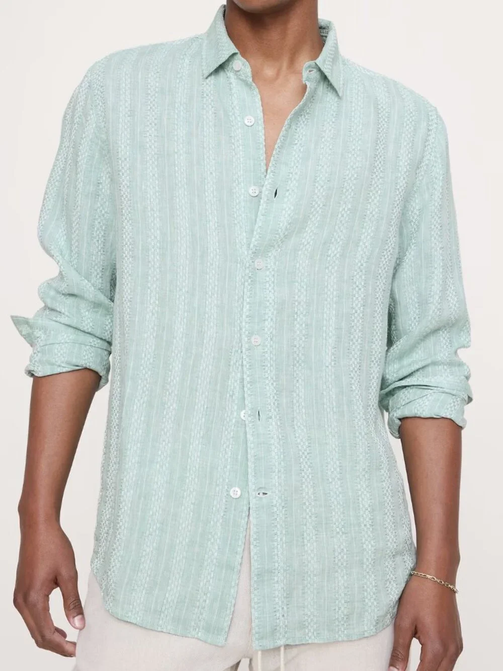NWT! Banana Republic Men's Green Textured Euro Linen-Cotton Standard-Fit Shirt M