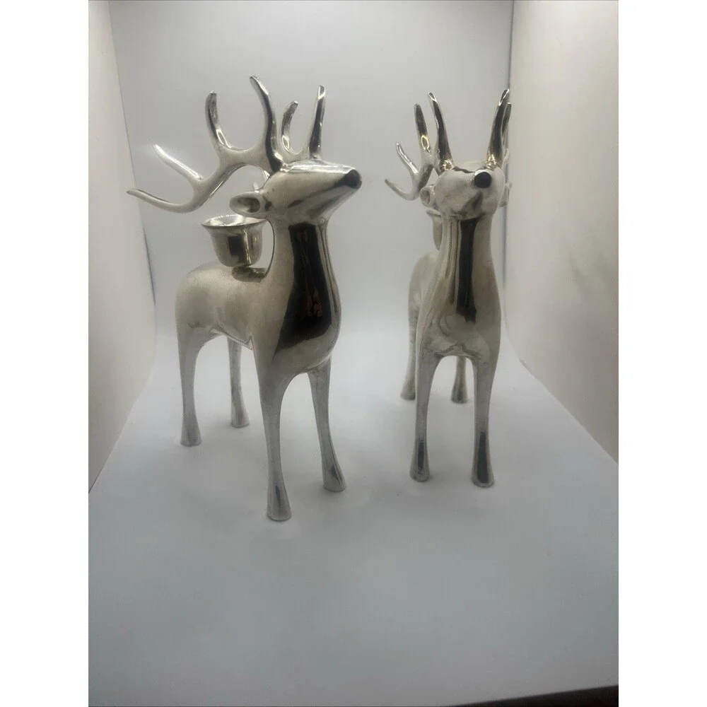 Set 2, Pottery Barn Silver Plate Reindeer Taper Candle Holder Christmas Heavy 8”