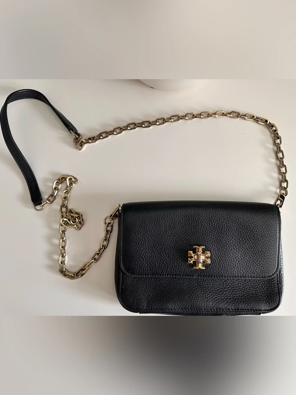 Tory Burch Black Leather Wallet on Chain with Gold Strap