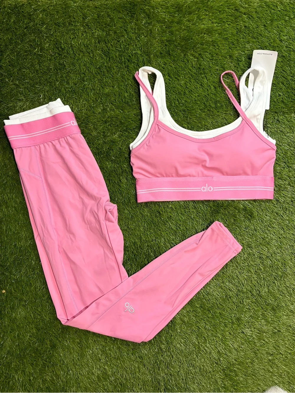 ALO Yoga Pink Sports Bra & Leggings Set with White Trim