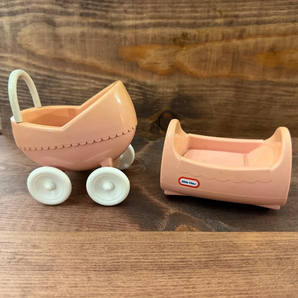 Vintage Little Tikes Pink Dollhouse Furniture Baby Carriage and Cradle Set