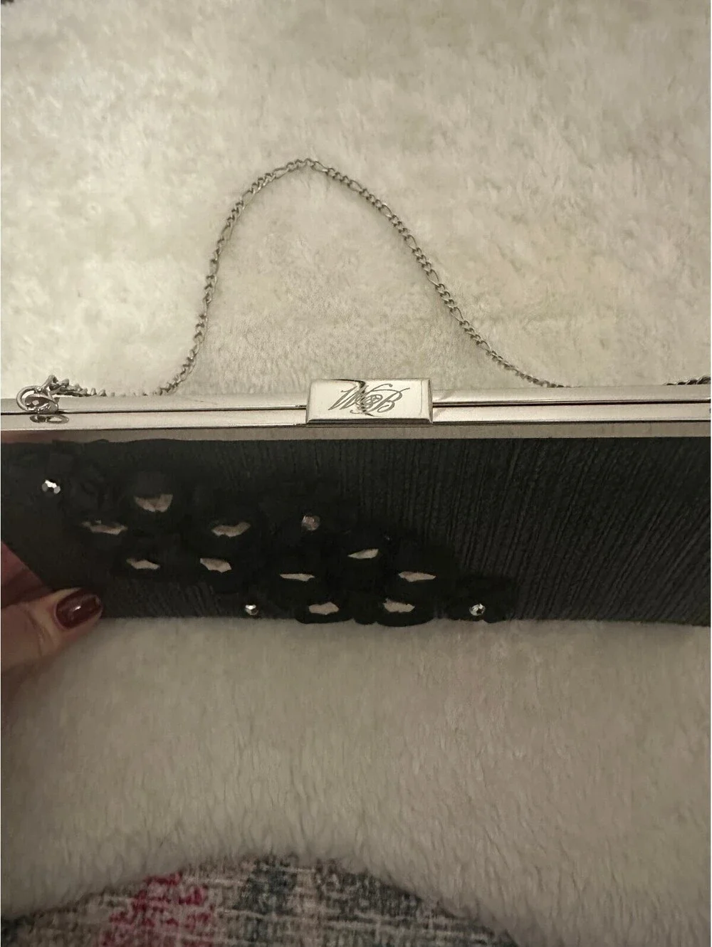 White House Black Market Black Beaded Evening Clutch with Chain Strap
