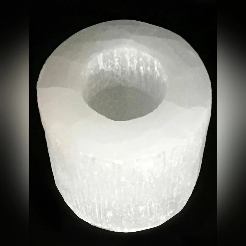 Selenite Crystal Candle Holder Hand Carved Pillar 3.5 x 3.25