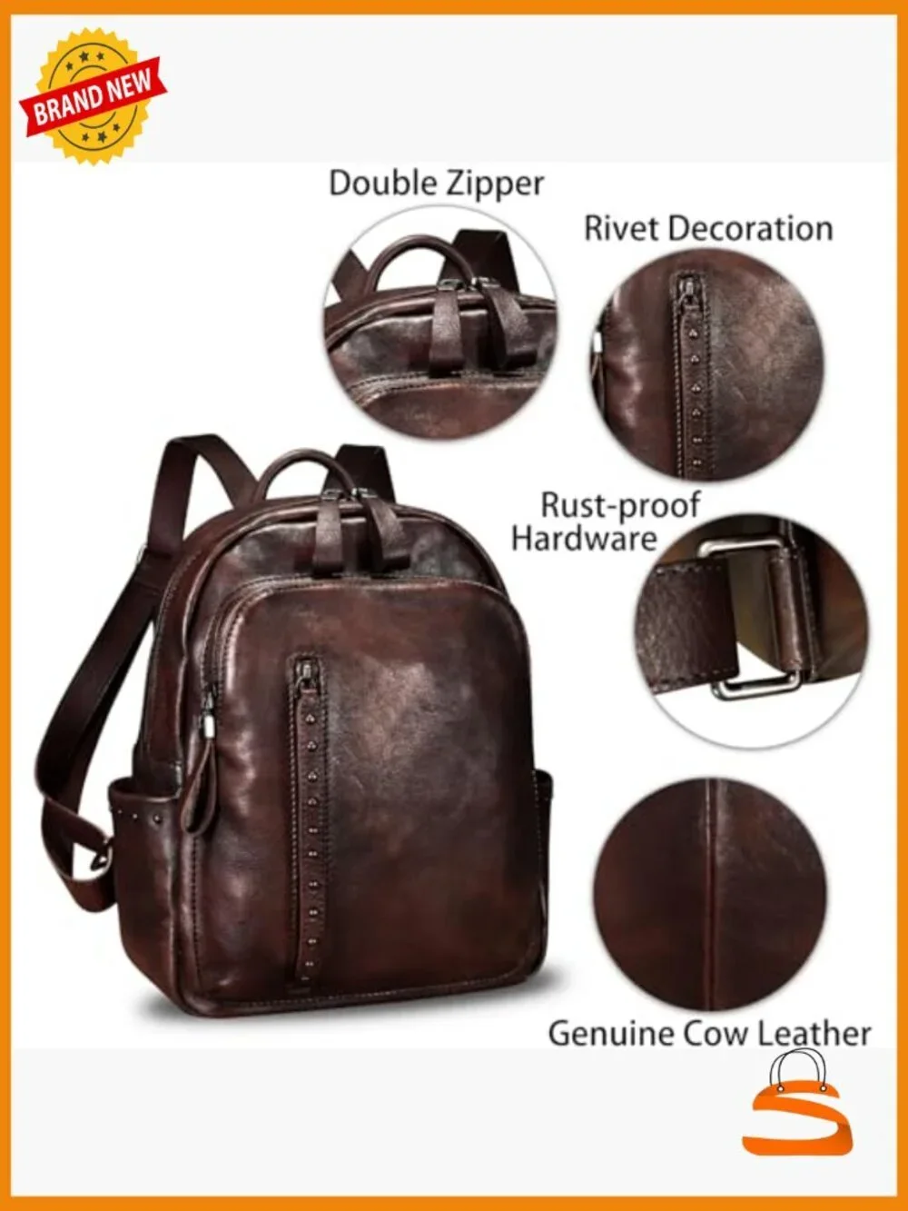 Genuine Leather Backpack Purse Vintage Rivets Rucksack Daypack College Bag