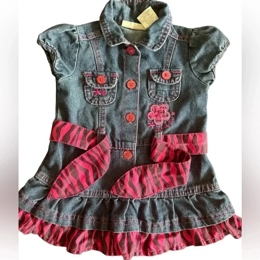 Carter’s Baby Girls Ruffle Denim Dress Pink Zebra Trim Jean Dress Size 12 Months