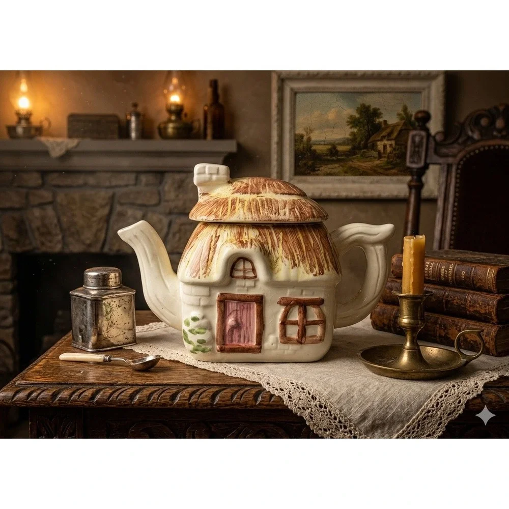 Vintage Ceramic Cottage Teapot Thatched Roof Hand Painted‎ English Country Style