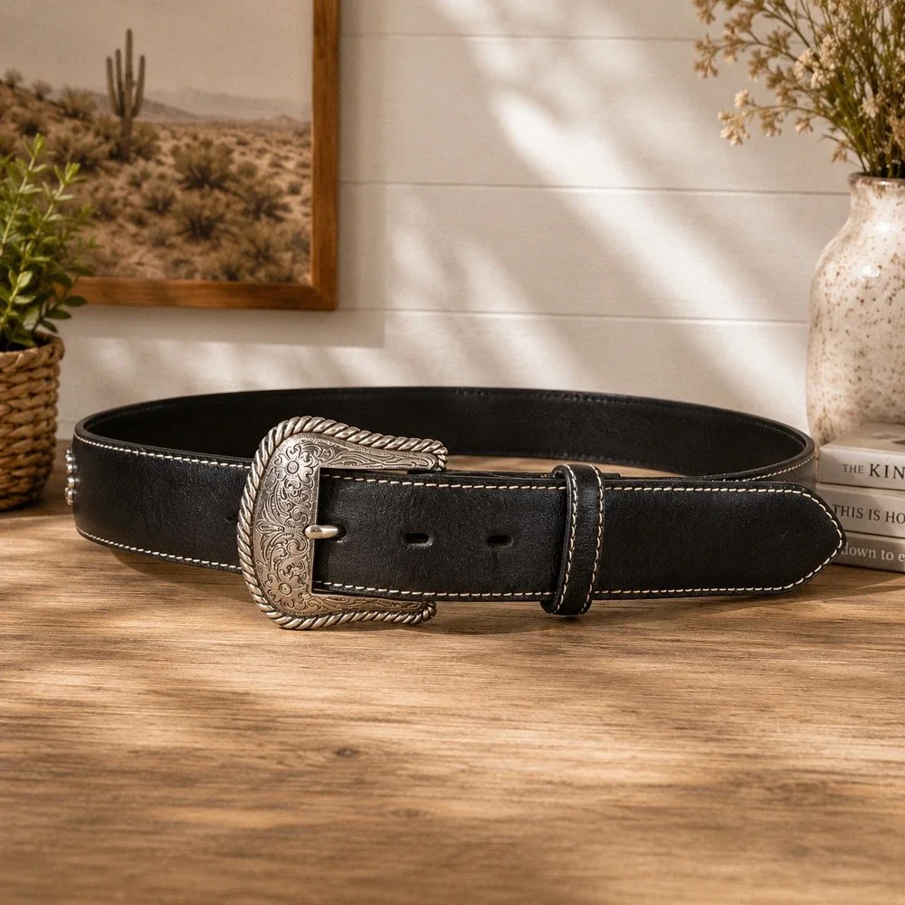 Nocona Black Leather Western Belt Silver Studded Star Concho Mens 36 N2470201