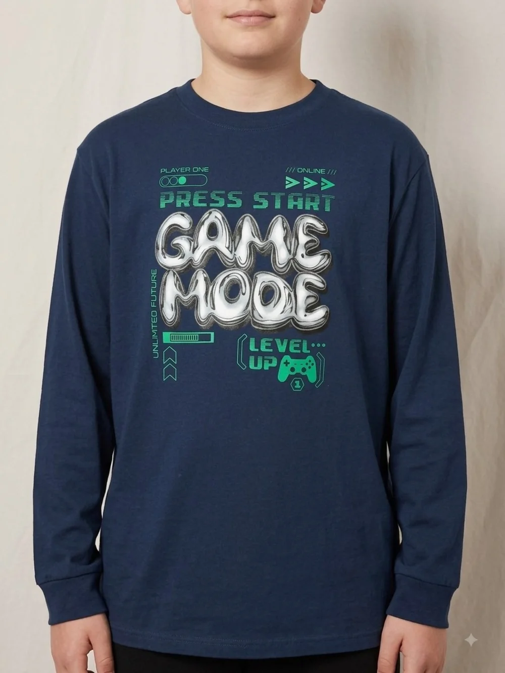 Navy Blue Press Start 'Game Mode' Graphic Long-Sleeve Tee.   KS 30