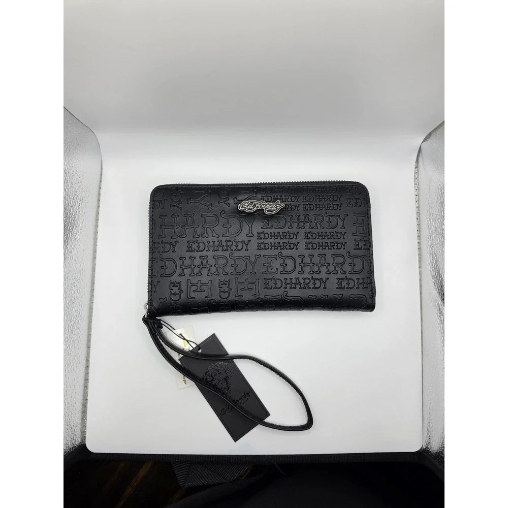 Ed Hardy Black Embossed Logo Zip Around Wristlet Wallet New with Tags
