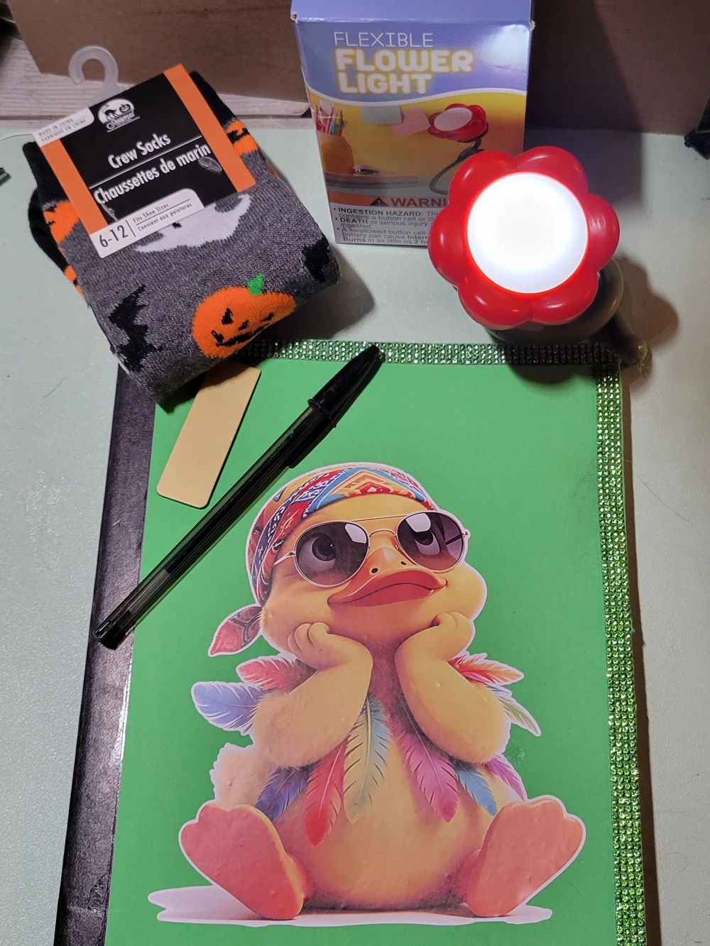 Funky Duck Re-purposed Nitebbok, Light Socks,bookmarc And A Pen!