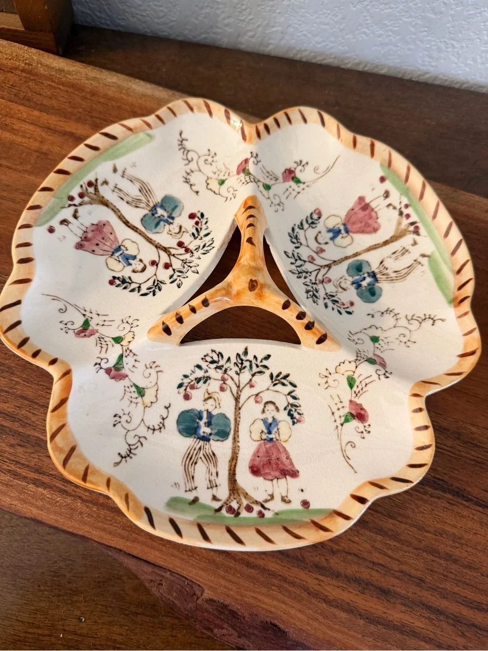 Mid-Century Hand-Painted Cream Ceramic 3-Section Serving Dish - Japan