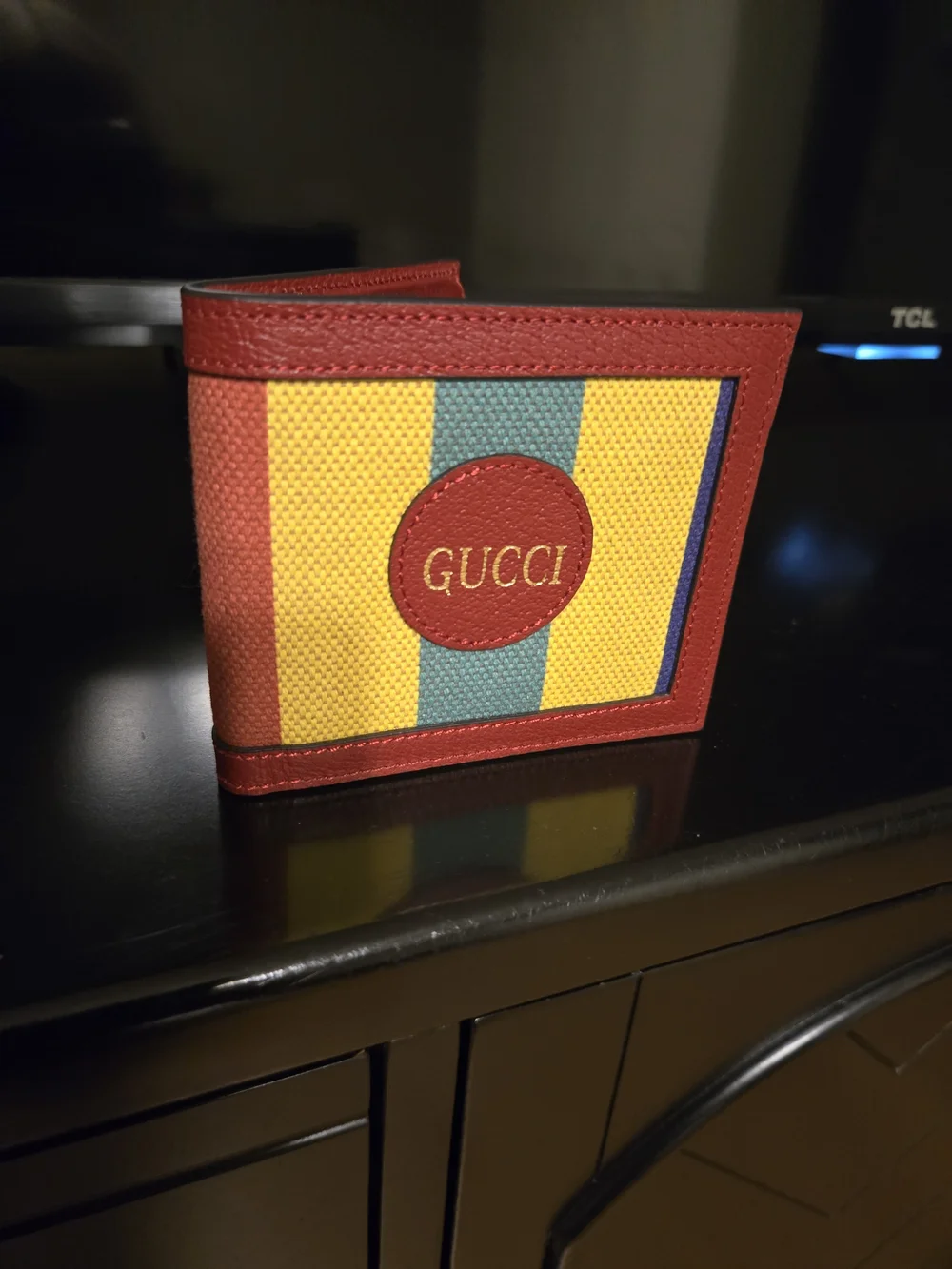 Gucci Red Yellow Green Stripe Canvas Bi-Fold Wallet