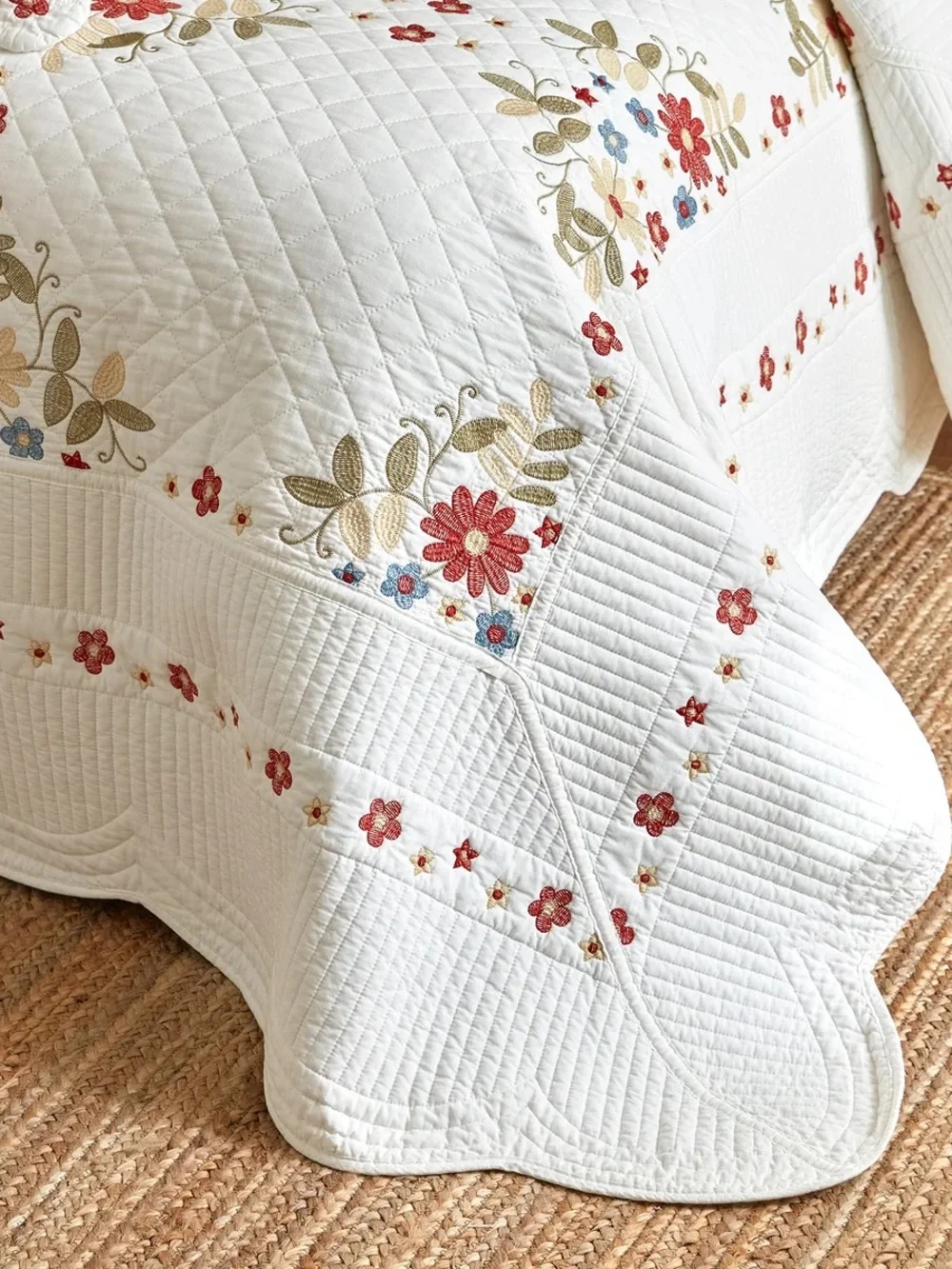 3 piece 100% cotton embroidered cottage floral quilt set farmhouse bedspread