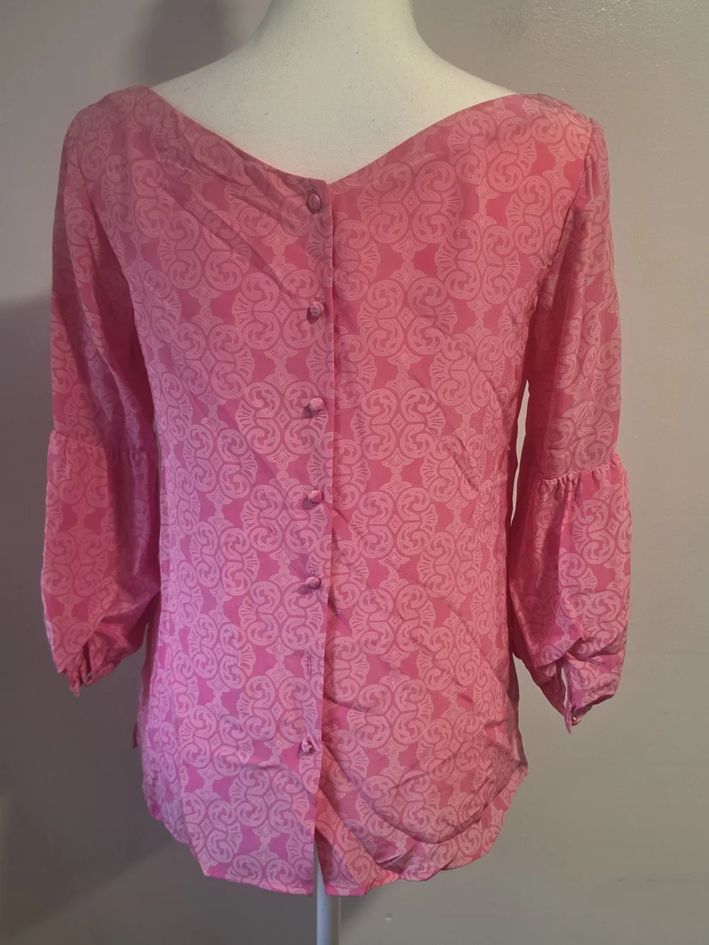 Lilly Pulitzer Pink Patterned Boatneck Puff 3/4 Sleeve Blouse Women's Size 2